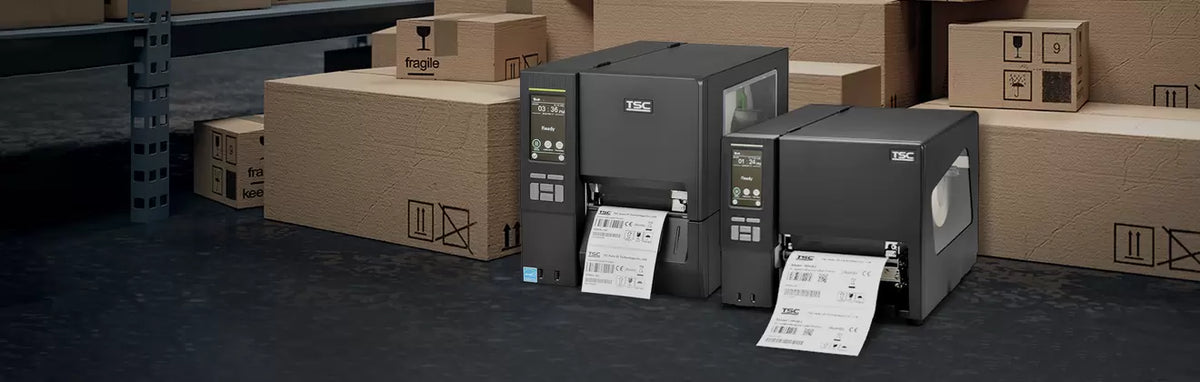 TSC industrial barcode printers printing shipping labels in a warehouse